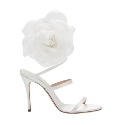 MAGDA BUTRYM SPIRAL SILK-ORGANZA FLOWER HEEL SANDALS IN CREAM