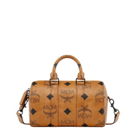 MCM SMALL AREN BOSTON BAG IN MAXI VISETOS COGNAC