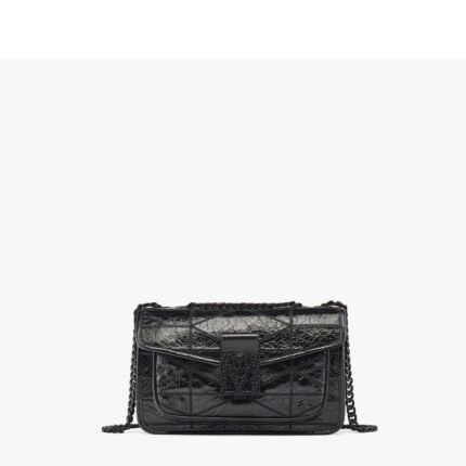 MCM SMALL TRAVIA QUILTED SHOULDER BAG IN CRUSHED LEATHER BLACK