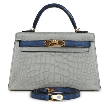 HERMÈS SPECIAL ORDER HSS KELLY SELLIER 20 GRIS PERLE AND BLEU DE MALTE MATTE ALLIGATOR GOLD HARDWARE
