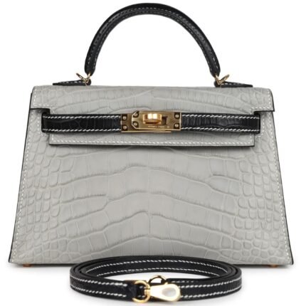 HERMÈS SPECIAL ORDER HSS KELLY SELLIER 20 GRIS PERLE AND BLACK MATTE ALLIGATOR GOLD HARDWARE
