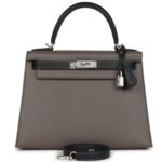 HERMÈS SPECIAL ORDER HSS KELLY SELLIER 28 ETAIN AND BLACK EPSOM BRUSHED PALLADIUM HARDWARE