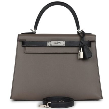 HERMÈS SPECIAL ORDER HSS KELLY SELLIER 28 ETAIN AND BLACK EPSOM BRUSHED PALLADIUM HARDWARE