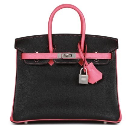 HERMÈS SPECIAL ORDER HSS BIRKIN 25 BLACK AND ROSE AZALEE CHÈVRE BRUSHED PALLADIUM HARDWARE
