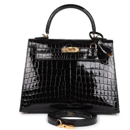 HERMÈS KELLY SELLIER 25 BLACK SHINY NILOTICUS CROCODILE GOLD HARDWARE