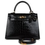 HERMÈS KELLY SELLIER 25 BLACK SHINY ALLIGATOR GOLD HARDWARE