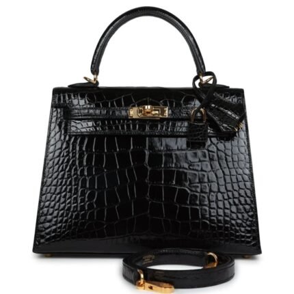 HERMÈS KELLY SELLIER 25 BLACK SHINY ALLIGATOR GOLD HARDWARE