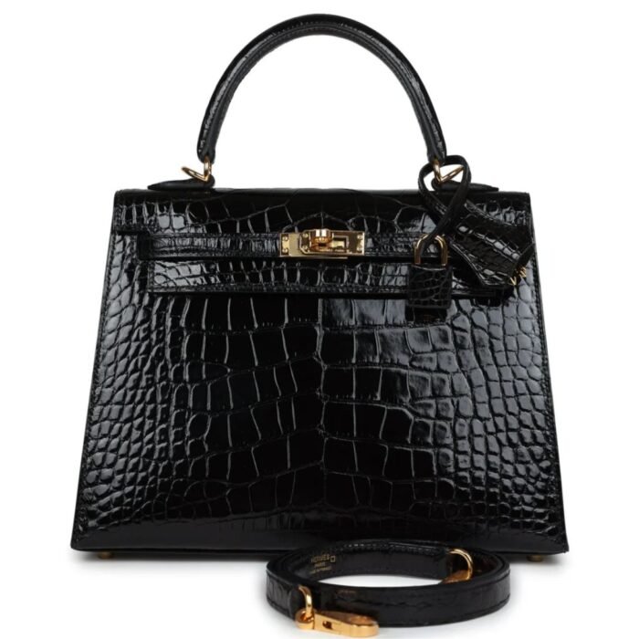 HERMÈS KELLY SELLIER 25 BLACK SHINY ALLIGATOR GOLD HARDWARE