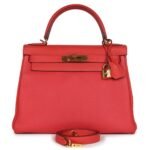 PRE-OWNED HERMÈS KELLY RETOURNE 28 ROUGE PIVOINE TOGO GOLD HARDWARE