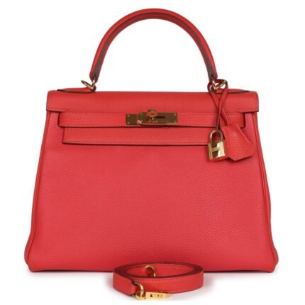 PRE-OWNED HERMÈS KELLY RETOURNE 28 ROUGE PIVOINE TOGO GOLD HARDWARE