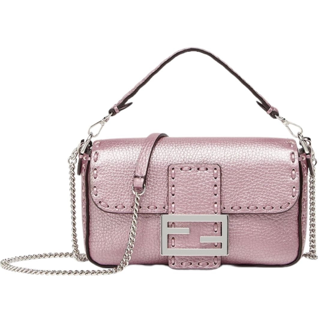 1 FENDI BAGUETTE MINI METALLIC PINK SELLERIA BAG WITH 309 HAND-SEWN TOPSTITCHES