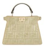 FENDI PEEKABOO ISEEU PETITE CHAMPAGNE-COLORED SUEDE BAG WITH FF IN CRYSTALS AND STUDS