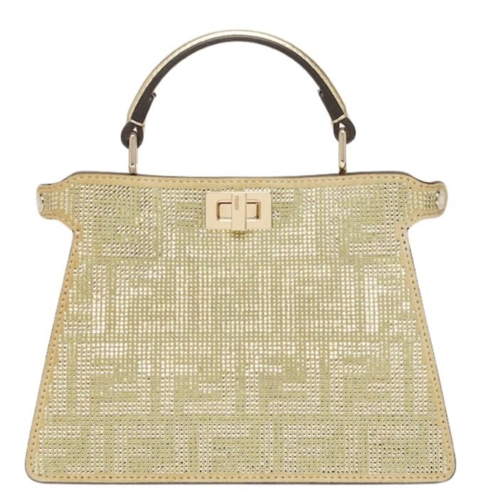 FENDI PEEKABOO ISEEU PETITE CHAMPAGNE-COLORED SUEDE BAG WITH FF IN CRYSTALS AND STUDS