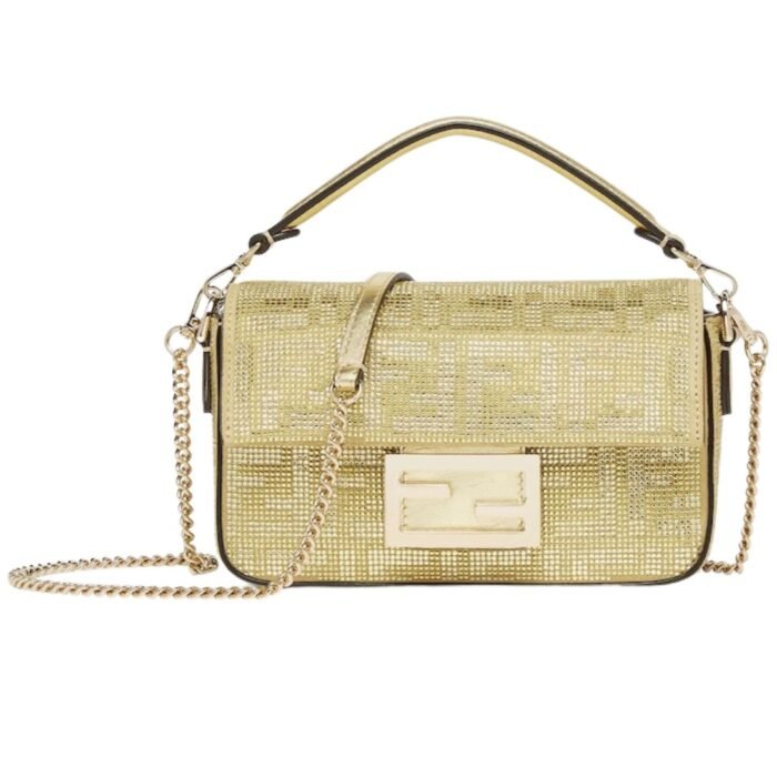 FENDI BAGUETTE MINI CHAMPAGNE COLORED SUEDE BAG WITH FF IN CRYSTALS AND STUDS
