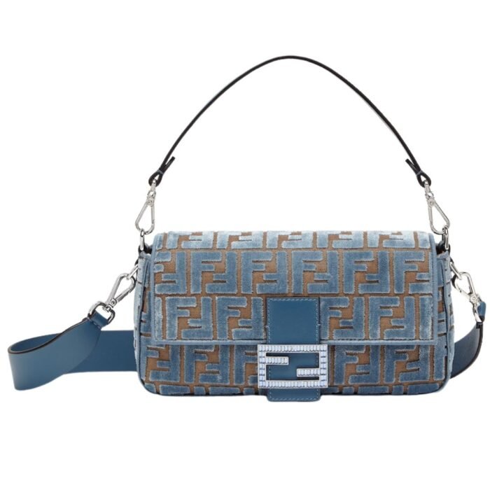 FENDI BAGUETTE LIGHT BLUE FF JACQUARD VELVET BAG