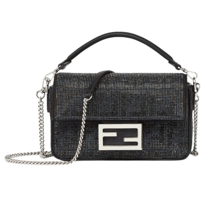 FENDI BAGUETTE MINI BLACK SUEDE BAG WITH FF IN CRYSTALS AND STUDS