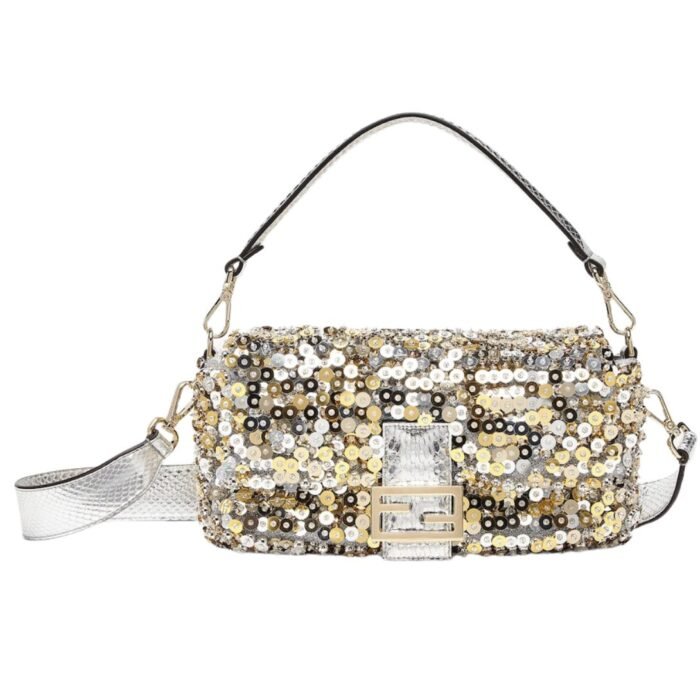 FENDI BAGUETTE HAND-EMBROIDERED BAG WITH SEQUINS AND 3D PEARLS