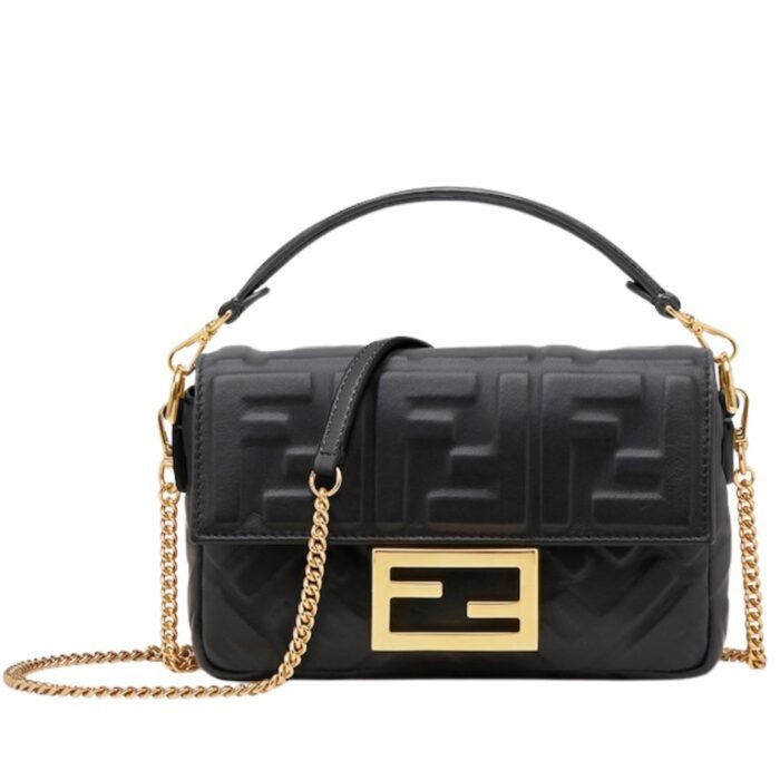 FENDI BAGUETTE MINI BLACK NAPPA LEATHER BAG WITH FF MOTIF