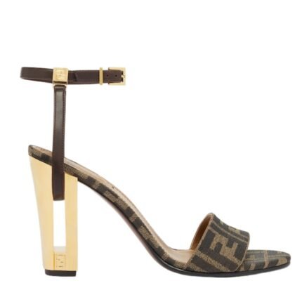 FENDI DELFINA BROWN FABRIC HIGH-HEELED SANDALS