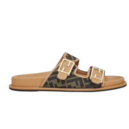FENDI FEEL BROWN FF FABRIC SLIDES