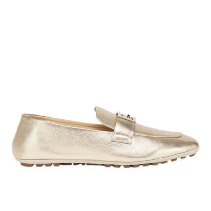 FENDI BAGUETTE METALLIC CHAMPAGNE-COLORED LEATHER LOAFERS
