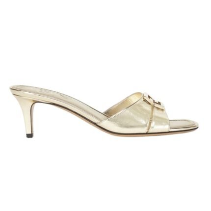 FENDI FFOLD CHAMPAGNE-COLORED METALLIC NAPPA LEATHER MEDIUM-HEELED SANDALS