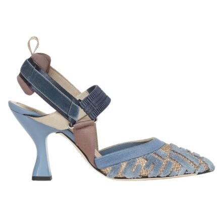 FENDI COLIBRÌ LIGHT BLUE FF EMBROIDERY HIGH-HEELED SLINGBACKS