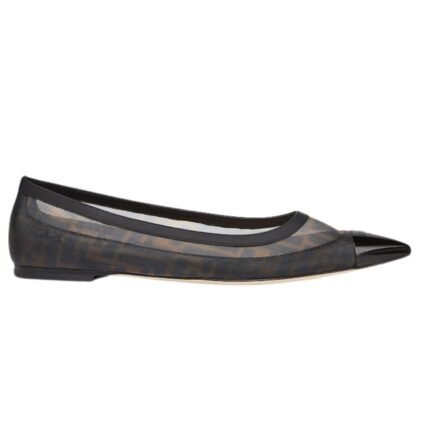 FENDI COLIBRÌ BLACK LEATHER AND BROWN FF MESH BALLET FLATS
