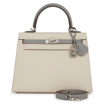 HERMÈS SPECIAL ORDER (HSS) KELLY SELLIER 25 CRAIE AND GRIS MOUETTE EPSOM BRUSHED PALLADIUM HARDWARE