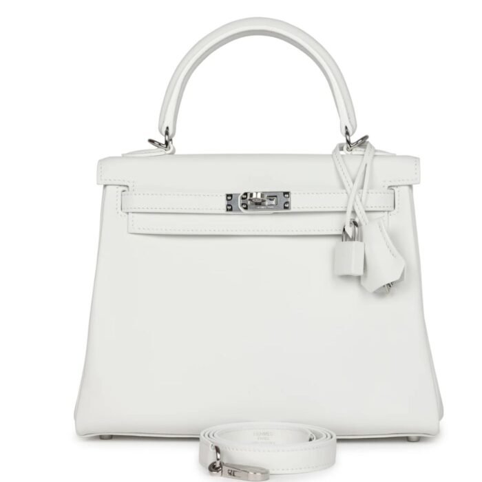 HERMÈS KELLY RETOURNE 25 NEW WHITE SWIFT PALLADIUM HARDWARE
