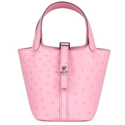 HERMÈS MICRO PICOTIN LOCK 14 BUBBLEGUM OSTRICH PALLADIUM HARDWARE