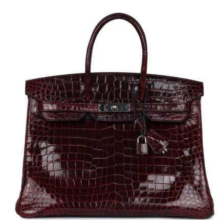 PRE-OWNED HERMÈS BIRKIN 35 BORDEAUX SHINY POROSUS CROCODILE PALLADIUM HARDWARE