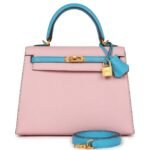 HERMÈS SPECIAL ORDER (HSS) KELLY SELLIER 25 ROSE SAKURA AND BLEU AZTEC CHEVRE BRUSHED GOLD HARDWARE