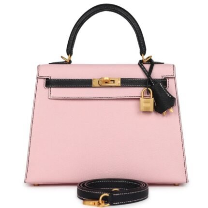 HERMÈS SPECIAL ORDER (HSS) KELLY SELLIER 25 ROSE SAKURA AND BLACK CHEVRE MYSORE BRUSHED GOLD HARDWARE