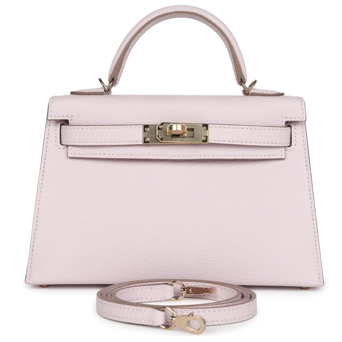 1 HERMÈS SPECIAL ORDER (HSS) KELLY SELLIER 20 MAUVE PALE VERSO CHEVRE MYSORE PERMABRASS HARDWARE