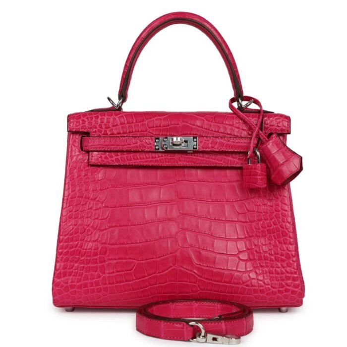 HERMÈS KELLY RETOURNE 25 FRAMBOISE MATTE ALLIGATOR PALLADIUM HARDWARE