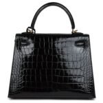 HERMÈS KELLY SELLIER 25 BLACK SHINY ALLIGATOR GOLD HARDWARE