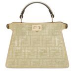 FENDI PEEKABOO ISEEU PETITE CHAMPAGNE-COLORED SUEDE BAG WITH FF IN CRYSTALS AND STUDS