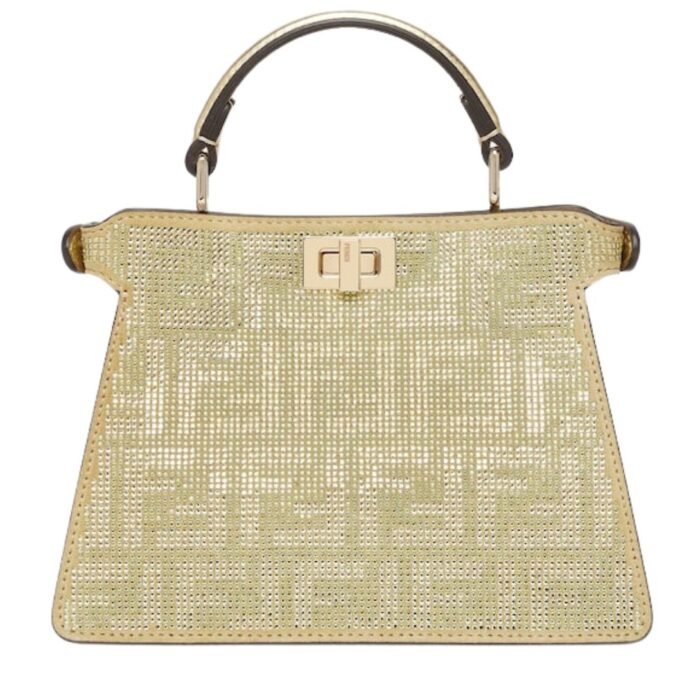 FENDI PEEKABOO ISEEU PETITE CHAMPAGNE-COLORED SUEDE BAG WITH FF IN CRYSTALS AND STUDS