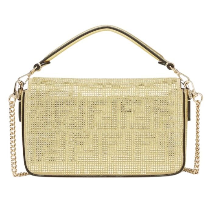 FENDI BAGUETTE MINI CHAMPAGNE COLORED SUEDE BAG WITH FF IN CRYSTALS AND STUDS