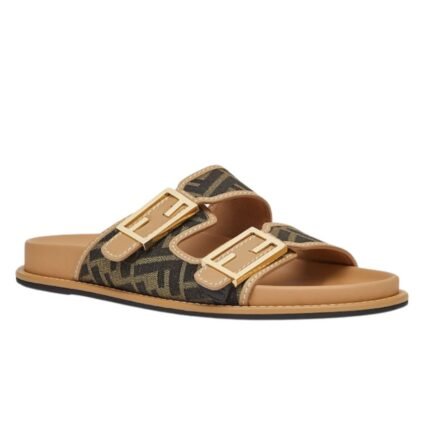 FENDI FEEL BROWN FF FABRIC SLIDES
