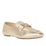 FENDI BAGUETTE METALLIC CHAMPAGNE-COLORED LEATHER LOAFERS