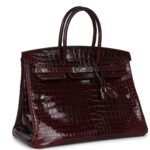PRE-OWNED HERMÈS BIRKIN 35 BORDEAUX SHINY POROSUS CROCODILE PALLADIUM HARDWARE