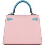 HERMÈS SPECIAL ORDER (HSS) KELLY SELLIER 25 ROSE SAKURA AND BLEU AZTEC CHEVRE BRUSHED GOLD HARDWARE