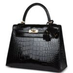 HERMÈS KELLY SELLIER 25 BLACK SHINY ALLIGATOR GOLD HARDWARE