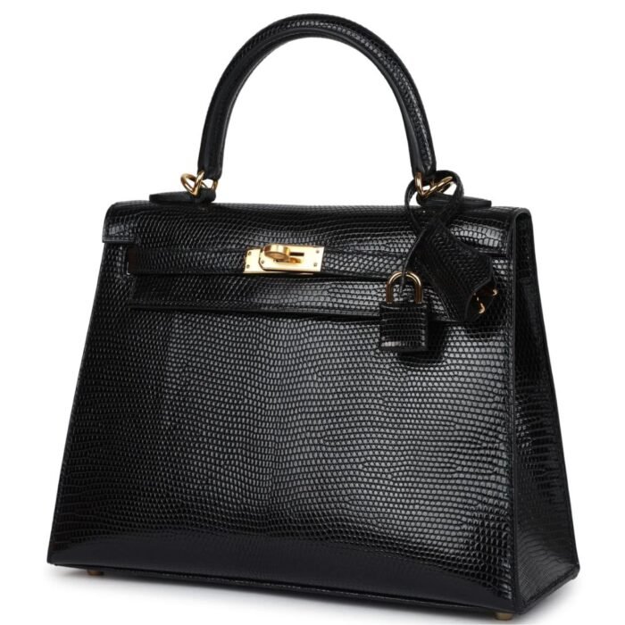 HERMÈS KELLY SELLIER 25 BLACK VARANUS NILOTICUS LIZARD GOLD HARDWARE