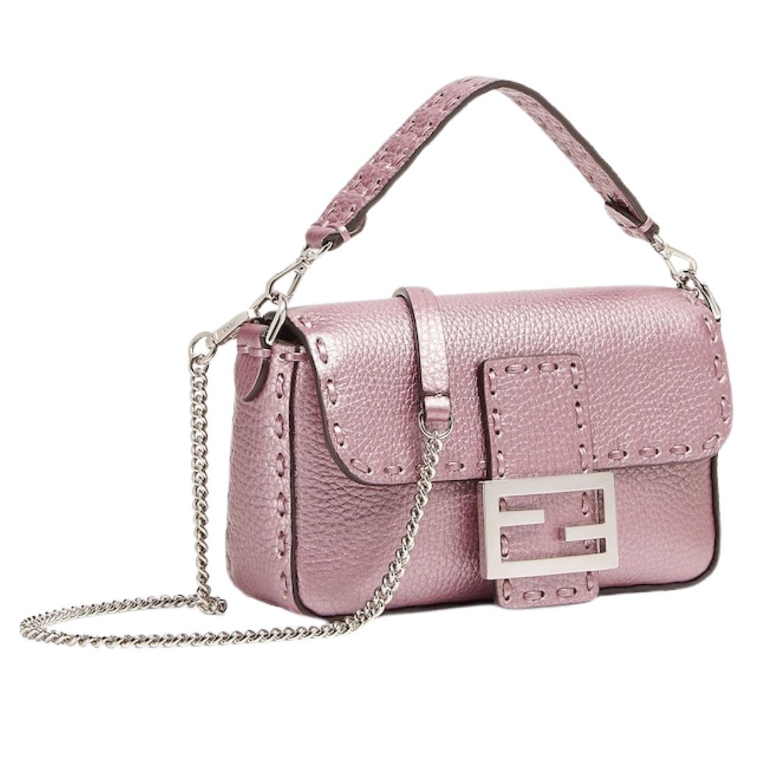 3 FENDI BAGUETTE MINI METALLIC PINK SELLERIA BAG WITH 309 HAND-SEWN TOPSTITCHES