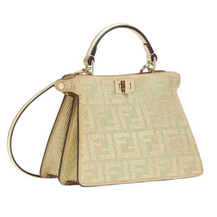 FENDI PEEKABOO ISEEU PETITE CHAMPAGNE-COLORED SUEDE BAG WITH FF IN CRYSTALS AND STUDS