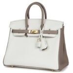 HERMÈS SPECIAL ORDER (HSS) BIRKIN 25 WHITE AND GRIS TOURTERELLE CLEMENCE GOLD HARDWARE
