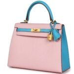 HERMÈS SPECIAL ORDER (HSS) KELLY SELLIER 25 ROSE SAKURA AND BLEU AZTEC CHEVRE BRUSHED GOLD HARDWARE